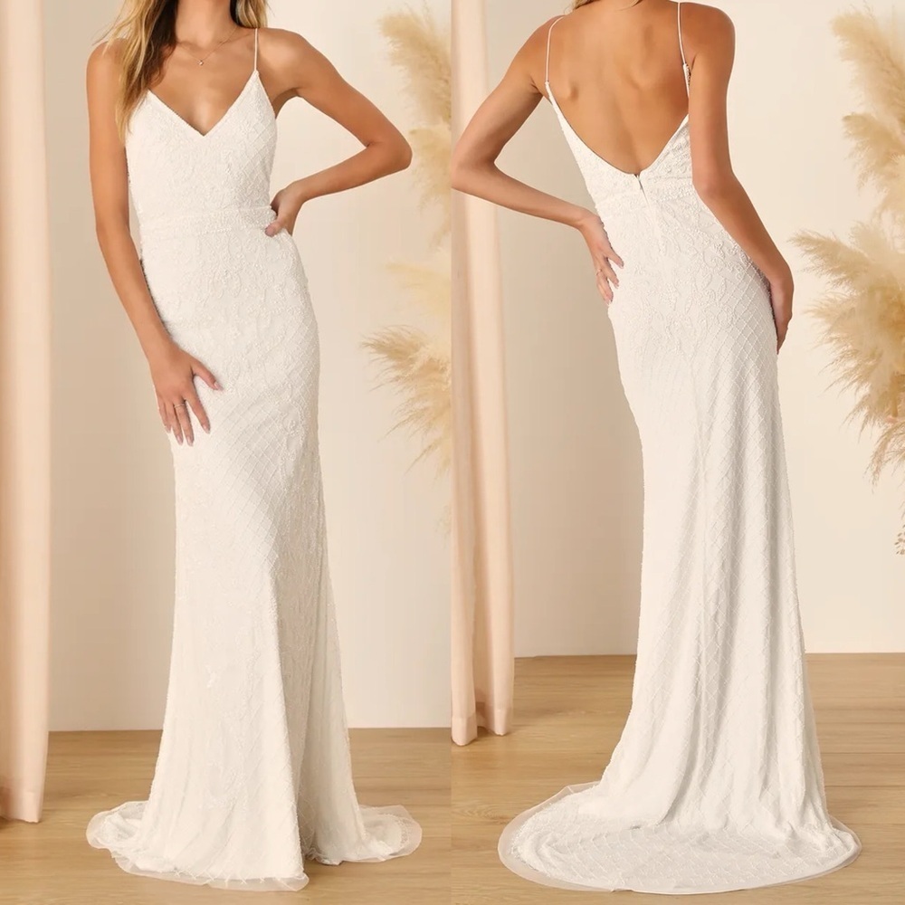 Cherished Vow White Beaded Backless Mermaid Maxi Dress